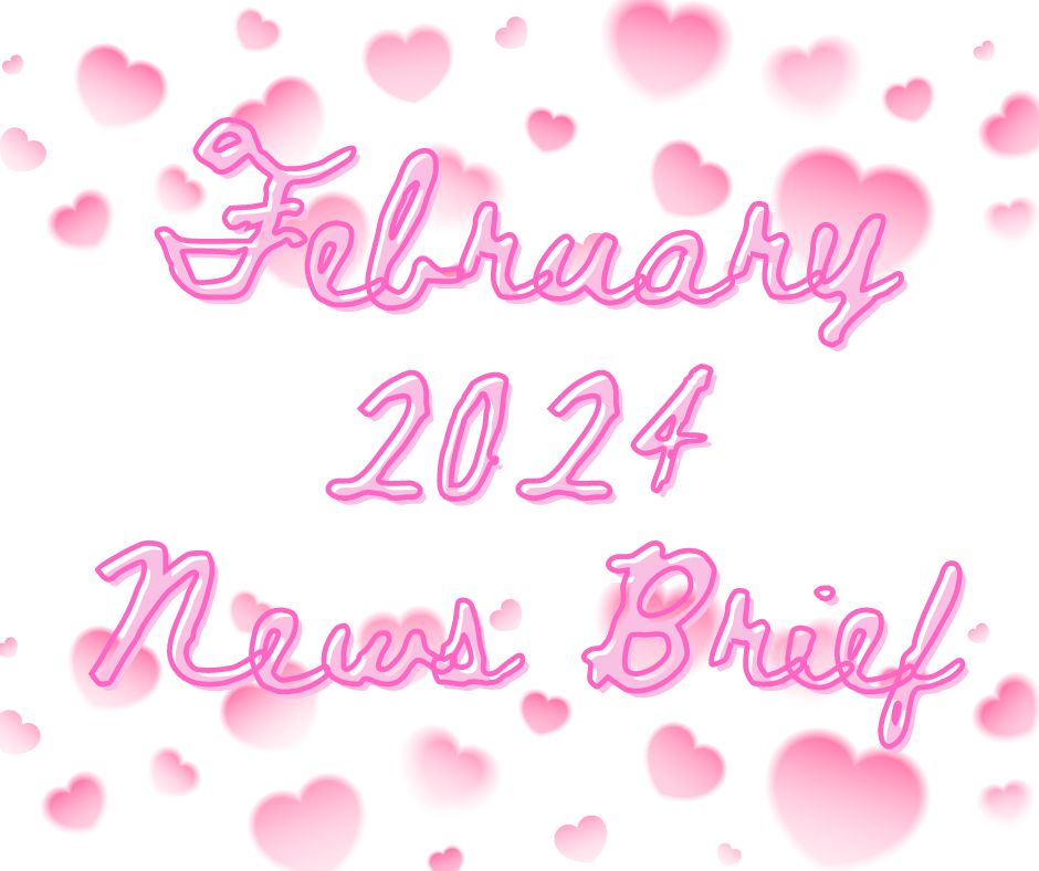 Header for Landmark Abstract's February 2024 News Brief blog post. Pink hearts are in the background.