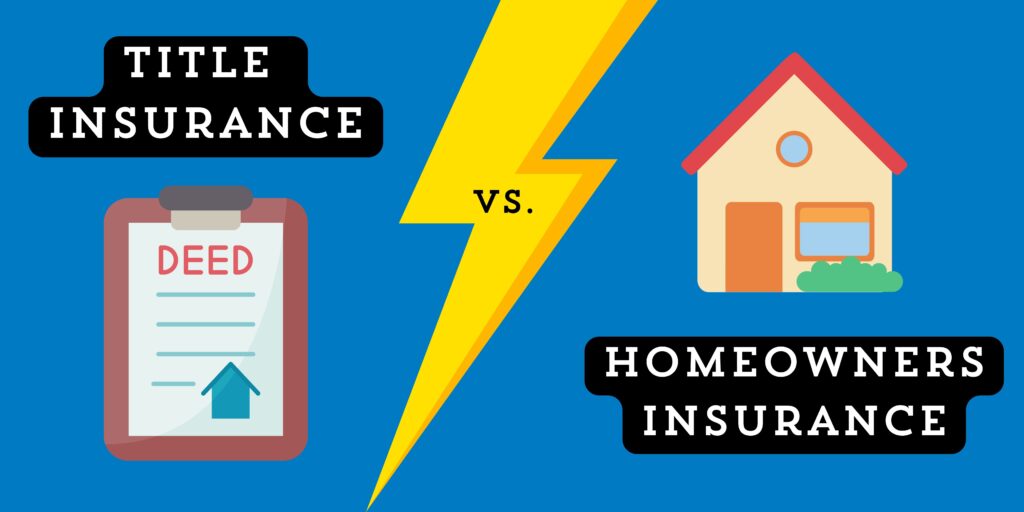 A blue background with the words "title insurance" with a cartoon deed underneath.  and yellow lightening bolt in the center with the words "vs.".  Lastly a house with words "homeowners insurance underneath.   For the blog post "3 Key Differences between Title and Homeowners Insurances". 