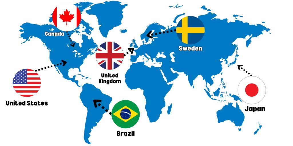 A map of the world highlighting the countries the United States, Canada, Brazil, the United Kingdom, Sweden, and Japan for the blog post "The Real Estate Process Around the World".